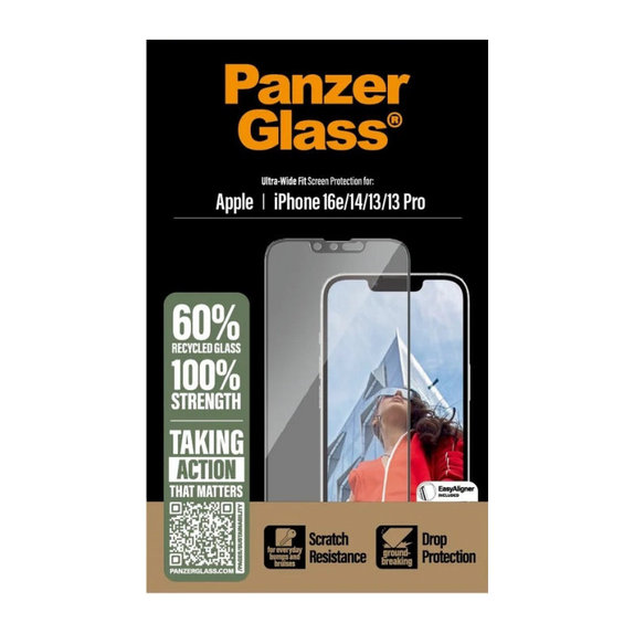 UWF Panzerglas mit Applikator für iPhone 17e/16e/14/13/13 Pro, Schwarz, PanzerGlass
