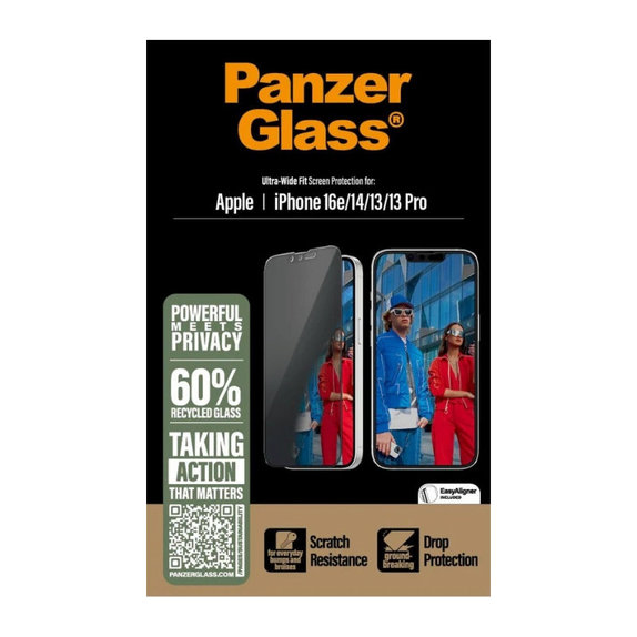 UWF Privacy Panzerglas mit Applikator für iPhone 17e/16e/14/13/13 Pro, Schwarz, PanzerGlass