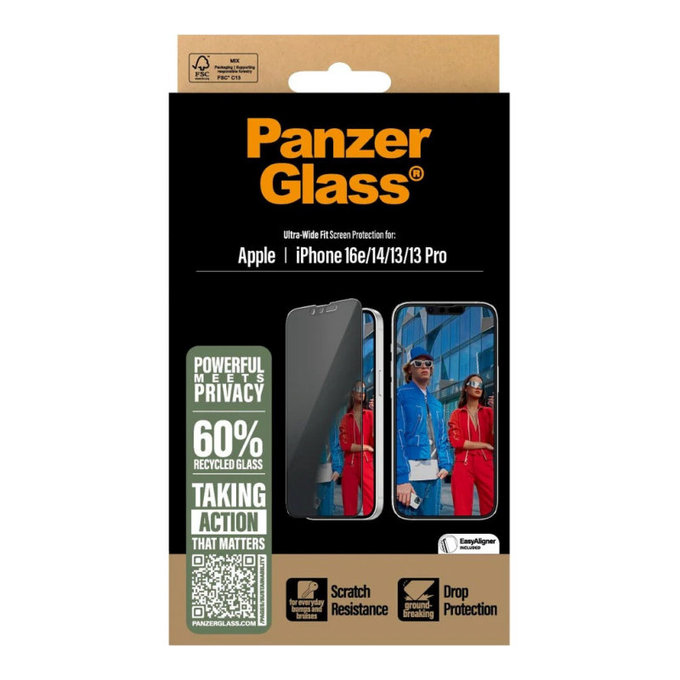 UWF Privacy Panzerglas mit Applikator für iPhone 17e/16e/14/13/13 Pro, Schwarz, PanzerGlass