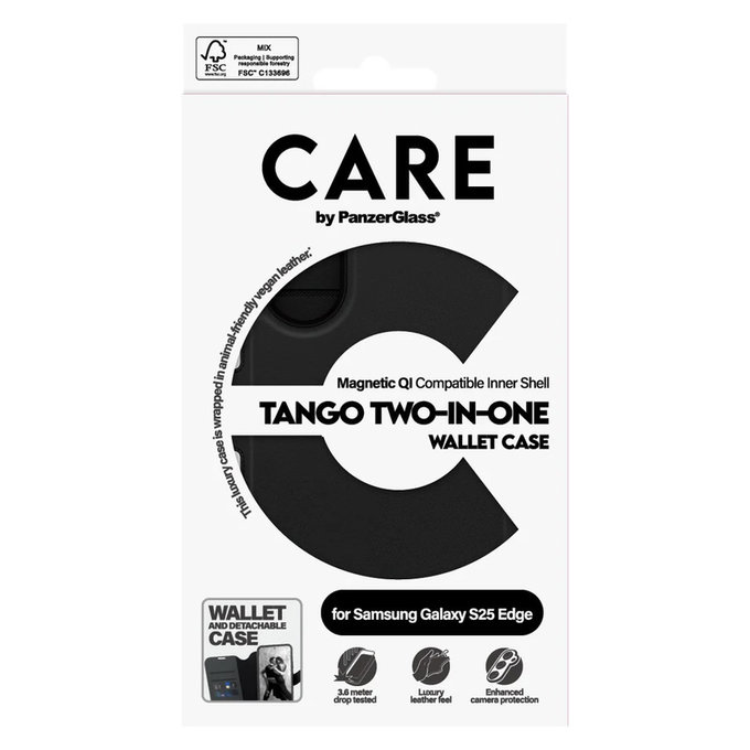 Hülle Wallet Tango Two-In-One mit QI für Samsung Galaxy S25 Edge, Schwarz, PanzerGlass