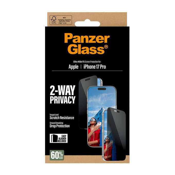 PanzerGlass - UWF 2-Way Privacy Tempered Glass mit Applikator für iPhone 17 Pro, Schwarz