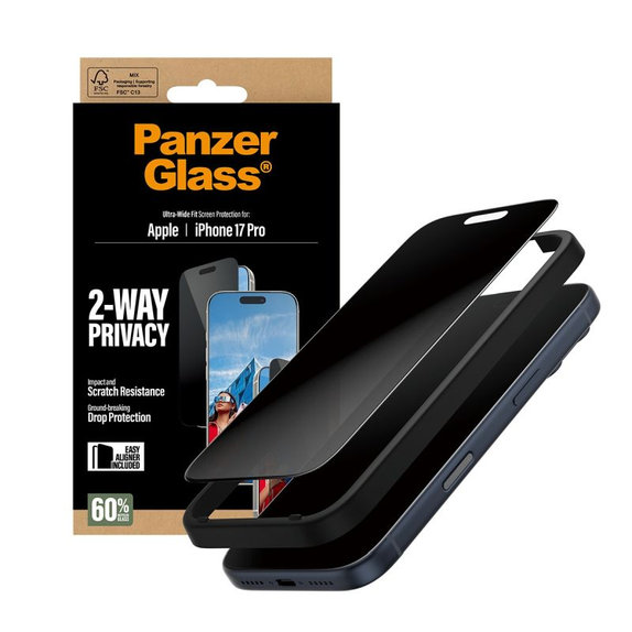 PanzerGlass - UWF 2-Way Privacy Tempered Glass mit Applikator für iPhone 17 Pro, Schwarz
