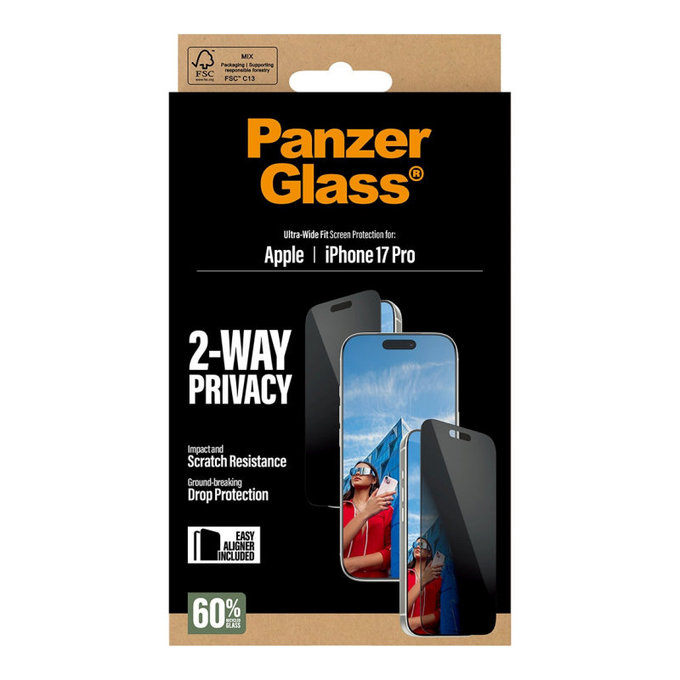UWF 2-Way Privacy Panzerglas mit Applikator für iPhone 17 Pro, Schwarz, PanzerGlass