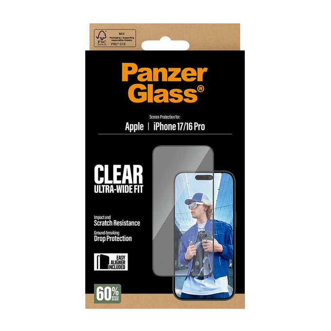 UWF Panzerglas mit Applikator für iPhone 17/16 Pro, Schwarz, PanzerGlass