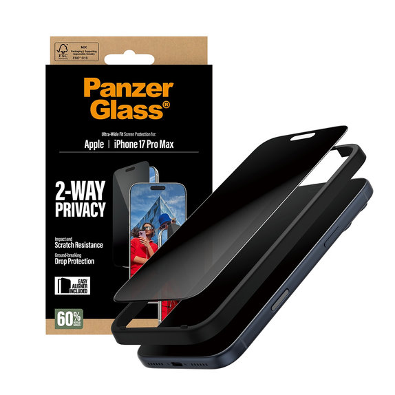 UWF 2-Way Privacy Panzerglas mit Fastfit für iPhone 17 Pro Max, Schwarz, PanzerGlass