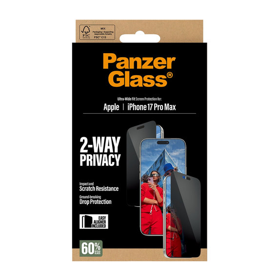 UWF 2-Way Privacy Panzerglas mit Fastfit für iPhone 17 Pro Max, Schwarz, PanzerGlass