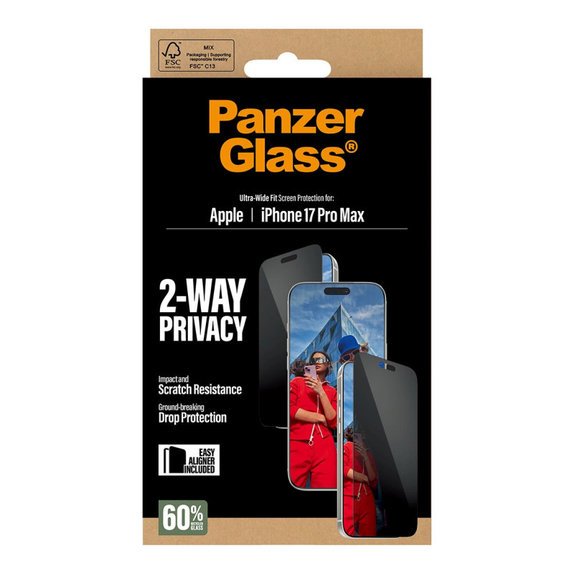 UWF 2-Way Privacy Panzerglas mit Fastfit für iPhone 17 Pro Max, Schwarz, PanzerGlass