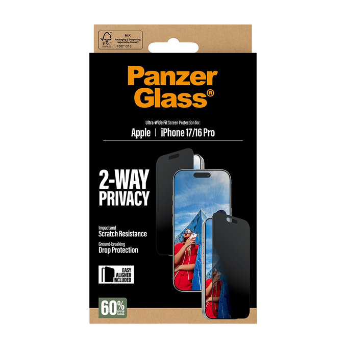 UWF 2-Way Privacy Panzerglas mit Fastfit für iPhone 17/16 Pro, Schwarz, PanzerGlass
