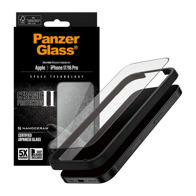 UWF Ceramic II Panzerglas mit Fastfit für iPhone 17/16 Pro, Schwarz, PanzerGlass
