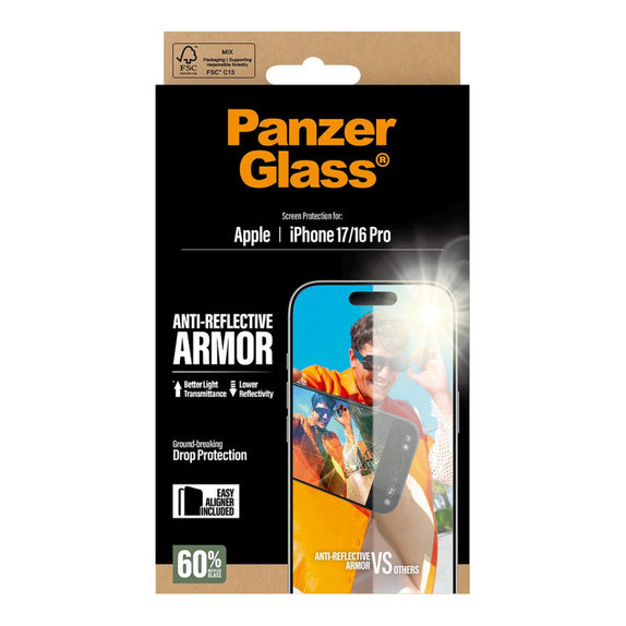 Schutzglas Anti-Reflective mit Applikator für iPhone 17/16 Pro, Schwarz, PanzerGlass