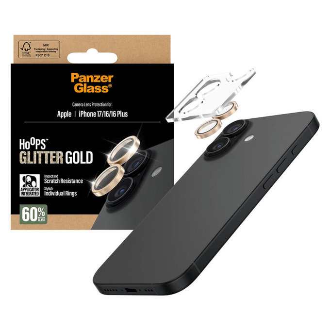Kameralinsenschutz Hoops für iPhone 17/16 Plus/16, Glitter Gold, PanzerGlass