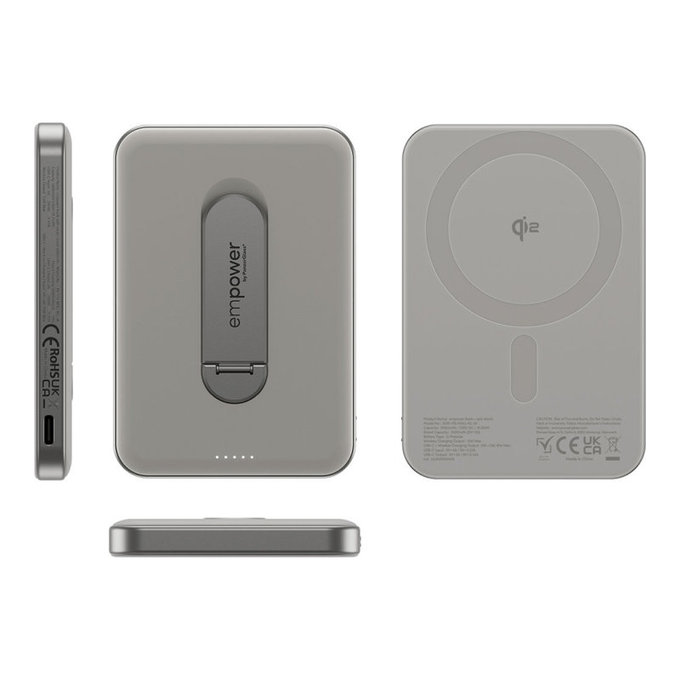 Kabellose PowerBank 5000 mAh, mit drehbarem Ständer 20 W, MagSafe-kompatibel, Qi2/USB-C, Titan, empower