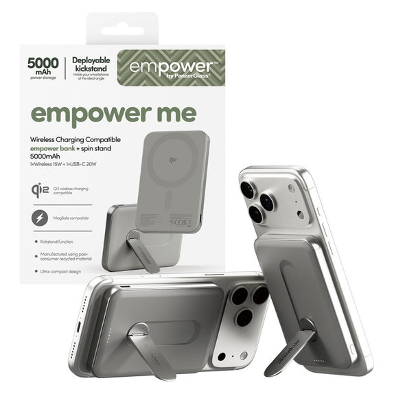 Kabellose PowerBank 5000 mAh, mit drehbarem Ständer 20 W, MagSafe-kompatibel, Qi2/USB-C, Titan, empower