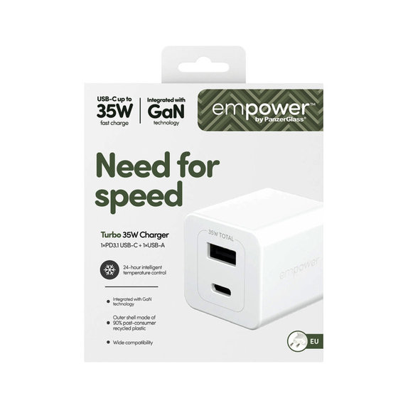 Reiseadapter Grand Prix USB-C/USB-A, GaN, 35 W PD, silberweiß, empower