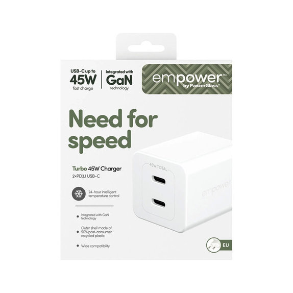 Reiseadapter Grand Prix 2x USB-C, GaN, 45 W PD, Silberweiß, empower