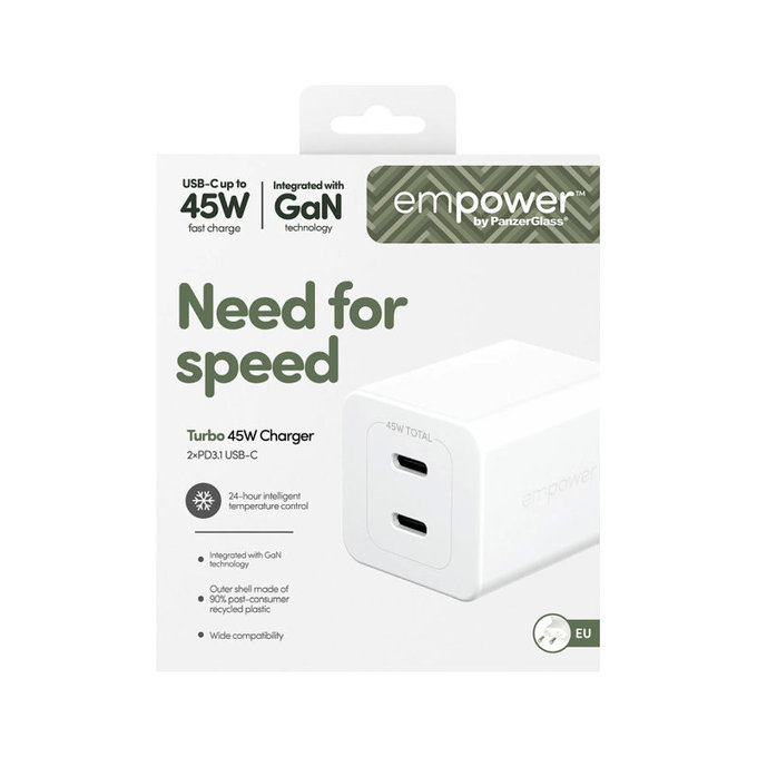 Reiseadapter Grand Prix 2x USB-C, GaN, 45 W PD, Silberweiß, empower