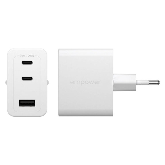Reiseadapter Grand Prix 2x USB-C/USB-A, GaN, 70 W PD, Silberweiß, empower
