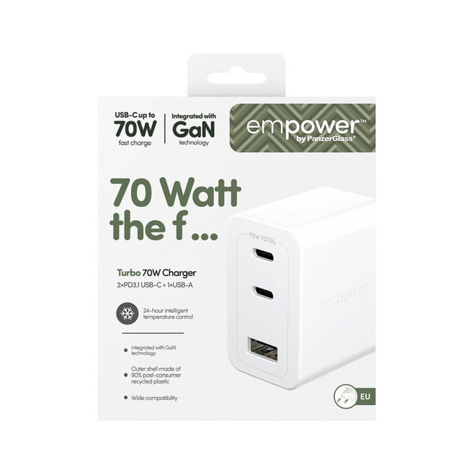 Reiseadapter Grand Prix 2x USB-C/USB-A, GaN, 70 W PD, Silberweiß, empower