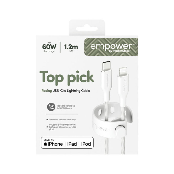 USB-C/Lightning-Kabel, 60 W, Racing, 1, 2 m, Silberweiß, empower