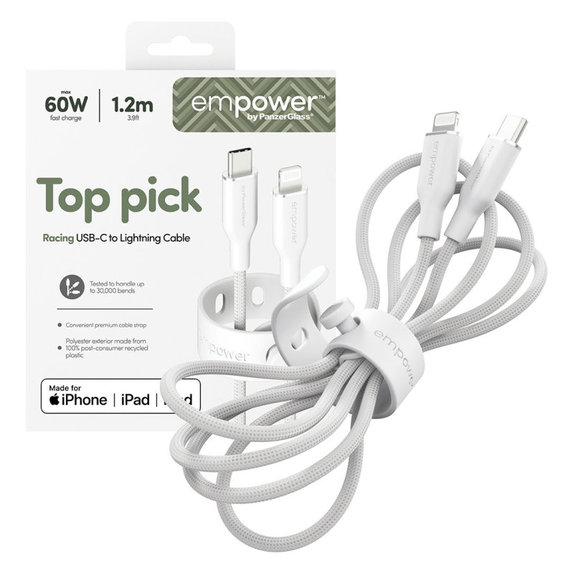 USB-C/Lightning-Kabel, 60 W, Racing, 1, 2 m, Silberweiß, empower
