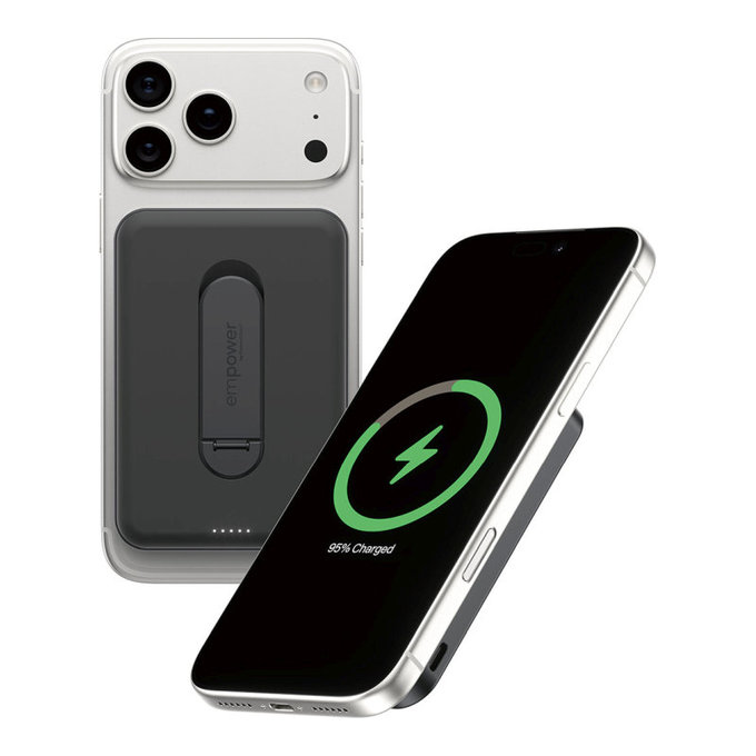 Kabellose PowerBank 5000 mAh mit drehbarem Ständer, 20 W, kompatibel mit MagSafe, Qi2/USB-C, Space Black, empower