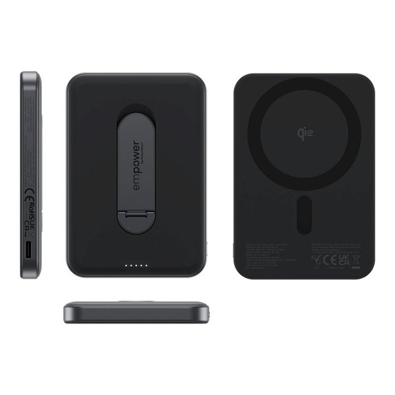 Kabellose PowerBank 5000 mAh mit drehbarem Ständer, 20 W, kompatibel mit MagSafe, Qi2/USB-C, Space Black, empower