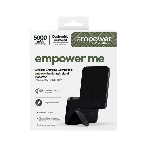 Kabellose PowerBank 5000 mAh mit drehbarem Ständer, 20 W, kompatibel mit MagSafe, Qi2/USB-C, Space Black, empower