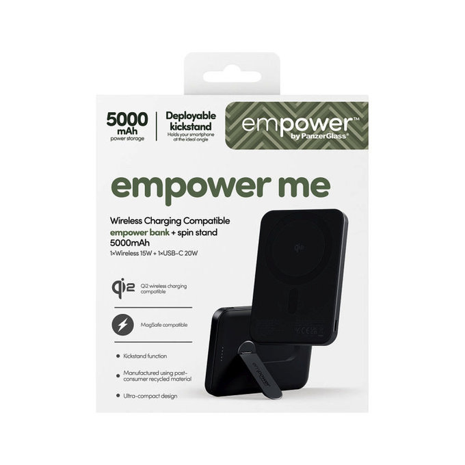 Kabellose PowerBank 5000 mAh mit drehbarem Ständer, 20 W, kompatibel mit MagSafe, Qi2/USB-C, Space Black, empower