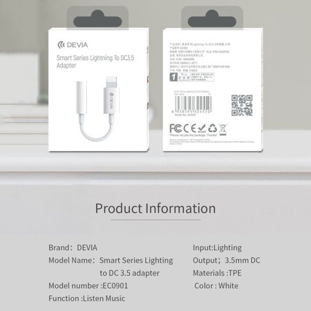 Adapter Smart 3,5mm Jack / Lightning, Weiß, Devia