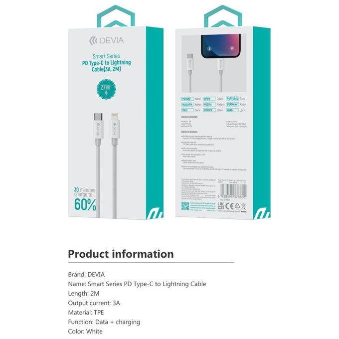 Lightning / USB-C Kabel Smart, PD 27W, 2m, Weiß, Devia