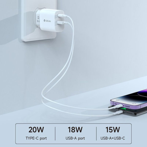 Ladeadapter Smart USB-C + USB-A, PD 20W, Weiß, Devia