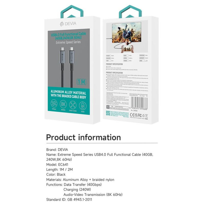USB-C / USB-C Kabel Extreme Speed, 240W, 8K 60Hz, 1m, Schwarz, Devia