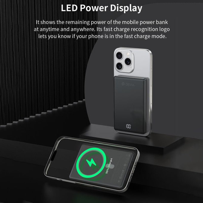 MagSafe Powerbank Extreme Speed Mini mit Display, PD 20W, 5000mAh, Space Grey, Devia