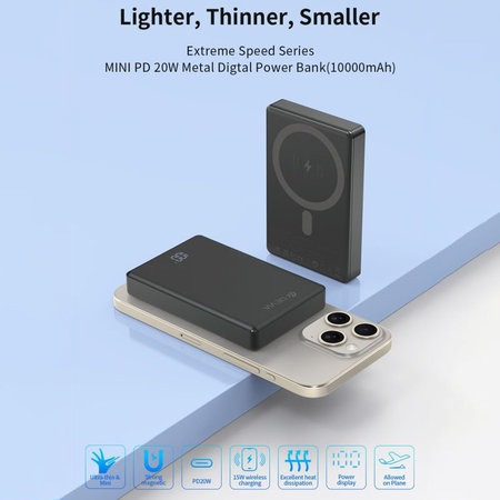 MagSafe Powerbank Extreme Speed Mini mit Display, PD 20W, 10000mAh, Space Grey, Devia