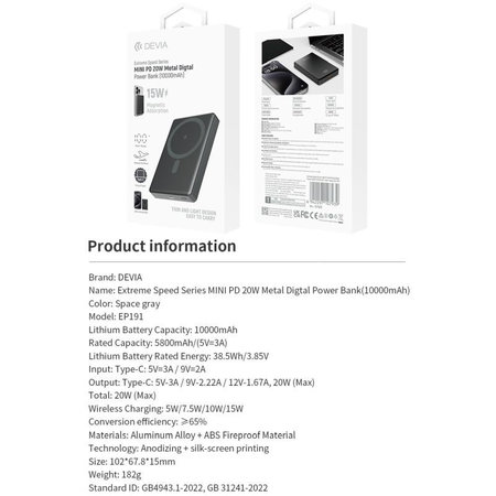 MagSafe Powerbank Extreme Speed Mini mit Display, PD 20W, 10000mAh, Space Grey, Devia
