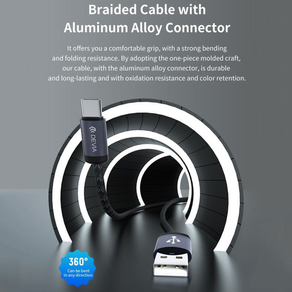 USB / USB-C Kabel Gracious, 2.1A, 2m, Schwarz, Devia