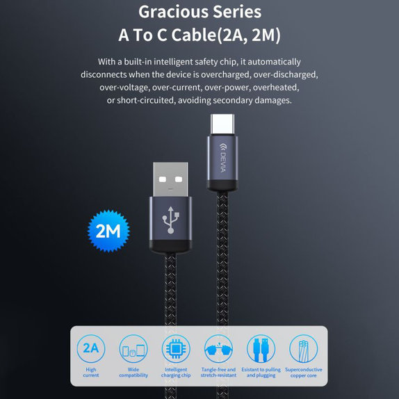 USB / USB-C Kabel Gracious, 2.1A, 2m, Schwarz, Devia