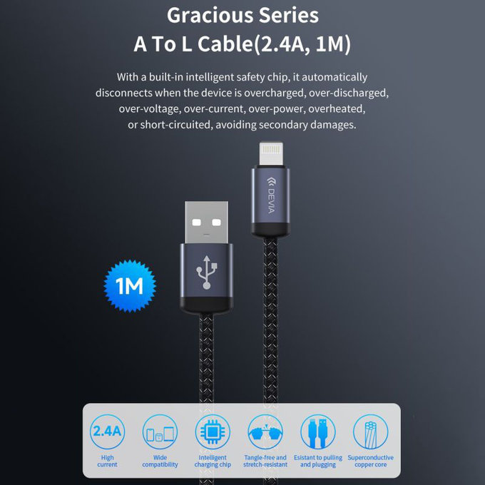 Lightning / USB Kabel Gracious, 2,4A, 1m, Schwarz, Devia