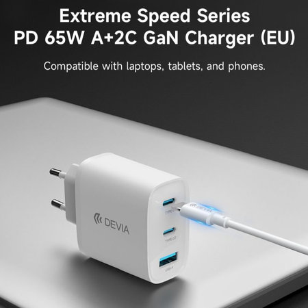 Ladeadapter Extreme Speed, 2x USB-C + USB-A, PD 65W, Weiß, Devia