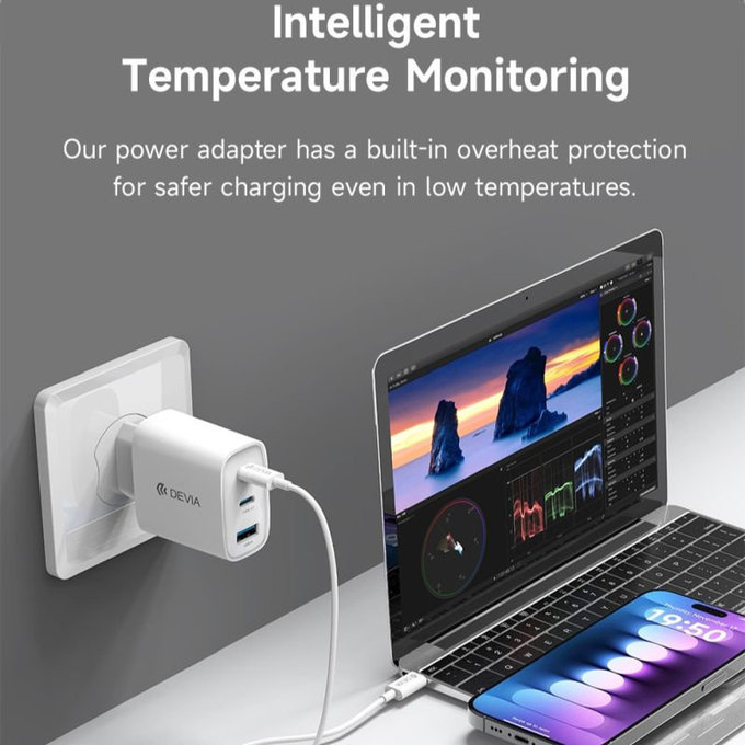 Ladeadapter Extreme Speed, 2x USB-C + USB-A, PD 65W, Weiß, Devia