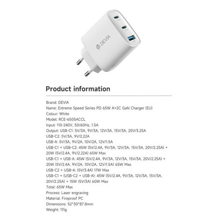 Ladeadapter Extreme Speed, 2x USB-C + USB-A, PD 65W, Weiß, Devia