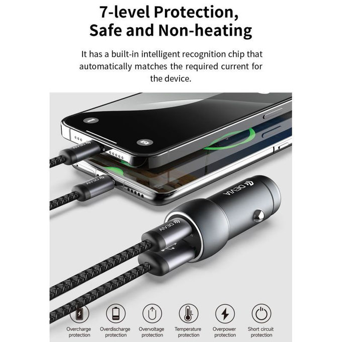 Auto Ladegerät Extreme Speed USB-C + USB-A, PD 30W, QC 3.0 18W, Grau, Devia