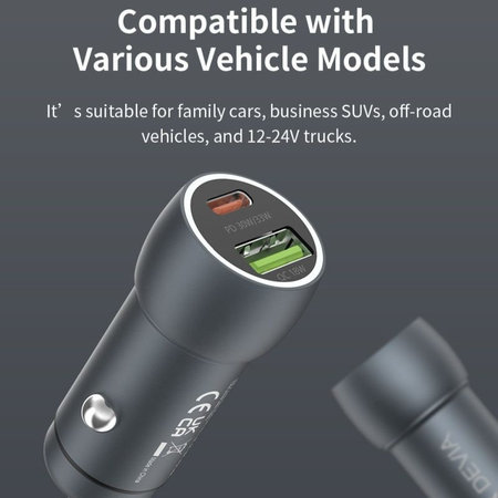 Auto Ladegerät Extreme Speed USB-C + USB-A, PD 30W, QC 3.0 18W, Grau, Devia