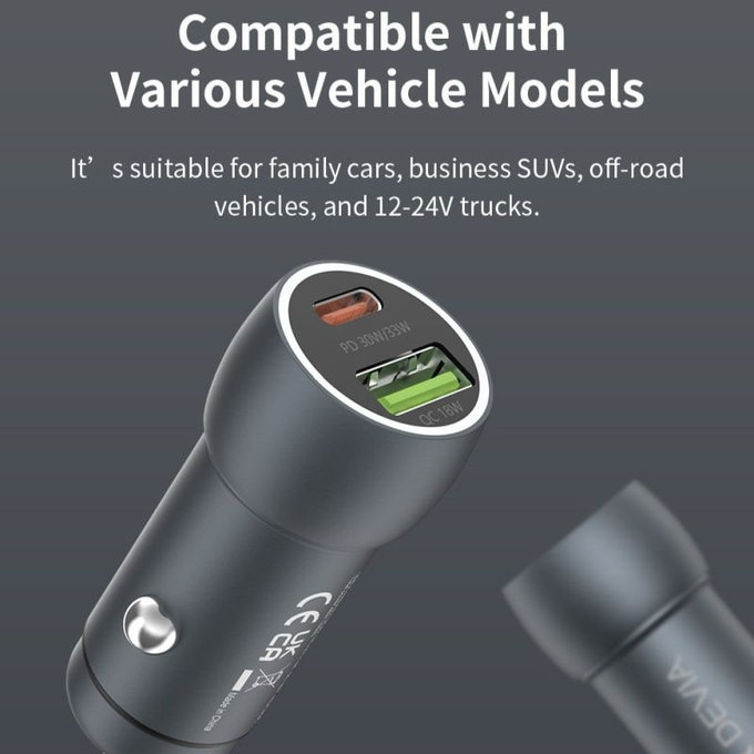 Auto Ladegerät Extreme Speed USB-C + USB-A, PD 30W, QC 3.0 18W, Grau, Devia
