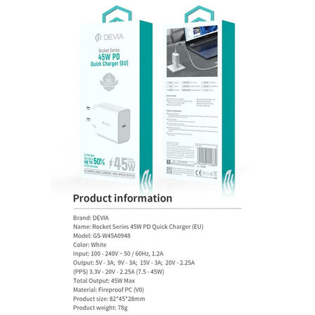 Ladeadapter Rocket USB-C, PD 45W, Weiß, Devia