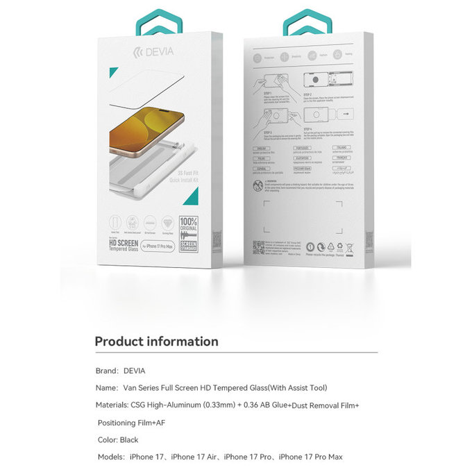 FullCover Panzerglas mit Applikator für iPhone 17 Pro, Devia