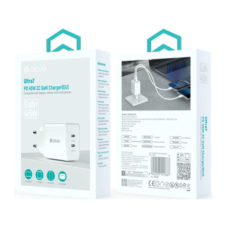 Ladeadapter Ultra7, 2x USB-C, PD 45W, Weiß, Devia