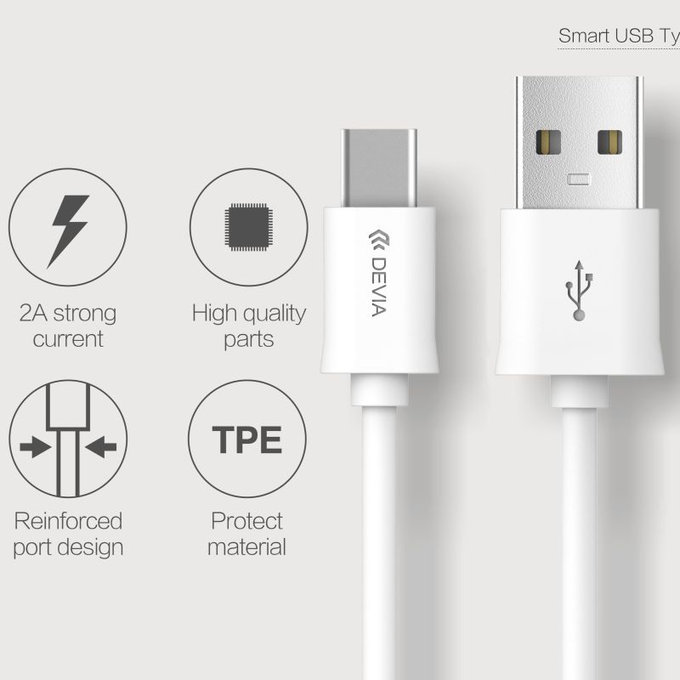USB / USB-C Kabel Smart, 2.1A, 1m, Weiß, Devia