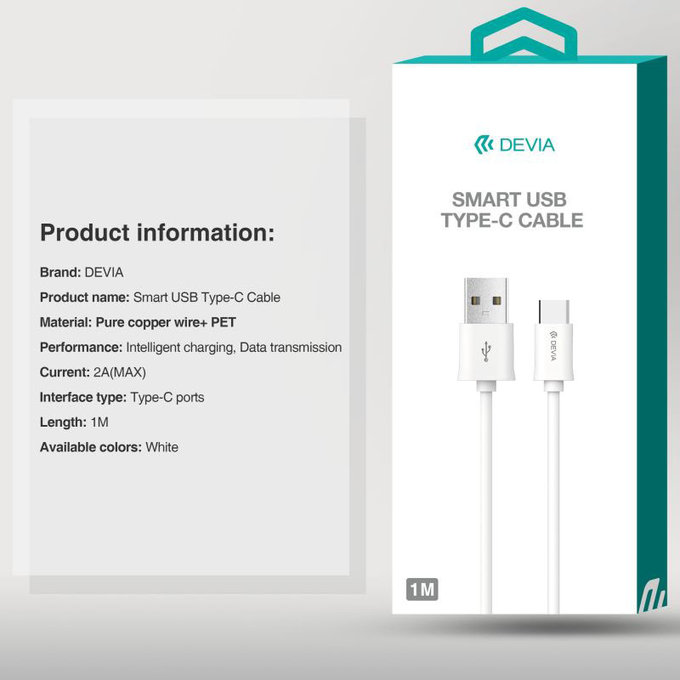 USB / USB-C Kabel Smart, 2.1A, 1m, Weiß, Devia