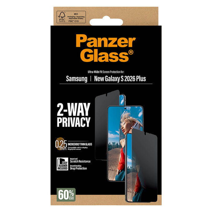 Panzerglas UWF 2-Way Privacy mit Applikator für Samsung Galaxy S26+, Klar, PanzerGlass